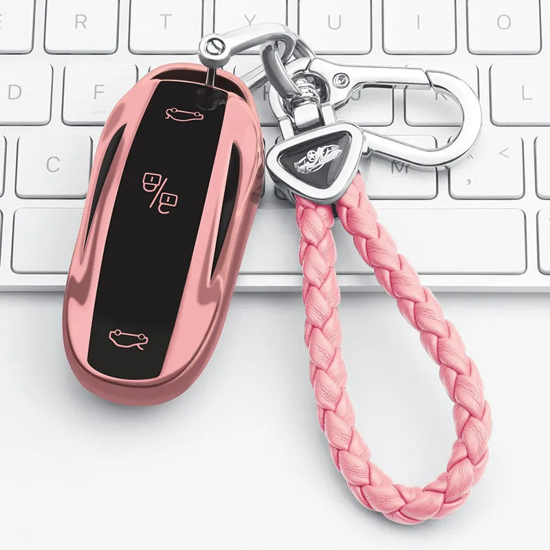 Tesla Model 3/Y Card Key Holder - Precision Fit & Signal Friendly Rose Pink Key Shell + Woven Rope with Metal Double Buckles