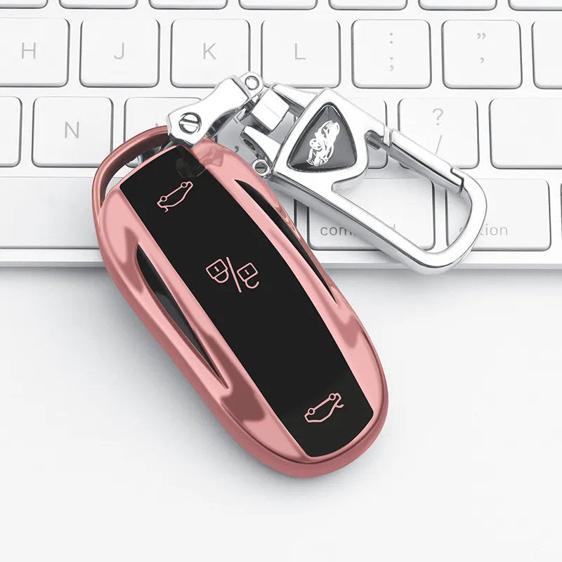 Tesla Model 3/Y Card Key Holder - Precision Fit & Signal Friendly Rose Pink Shell + Metal Keyring
