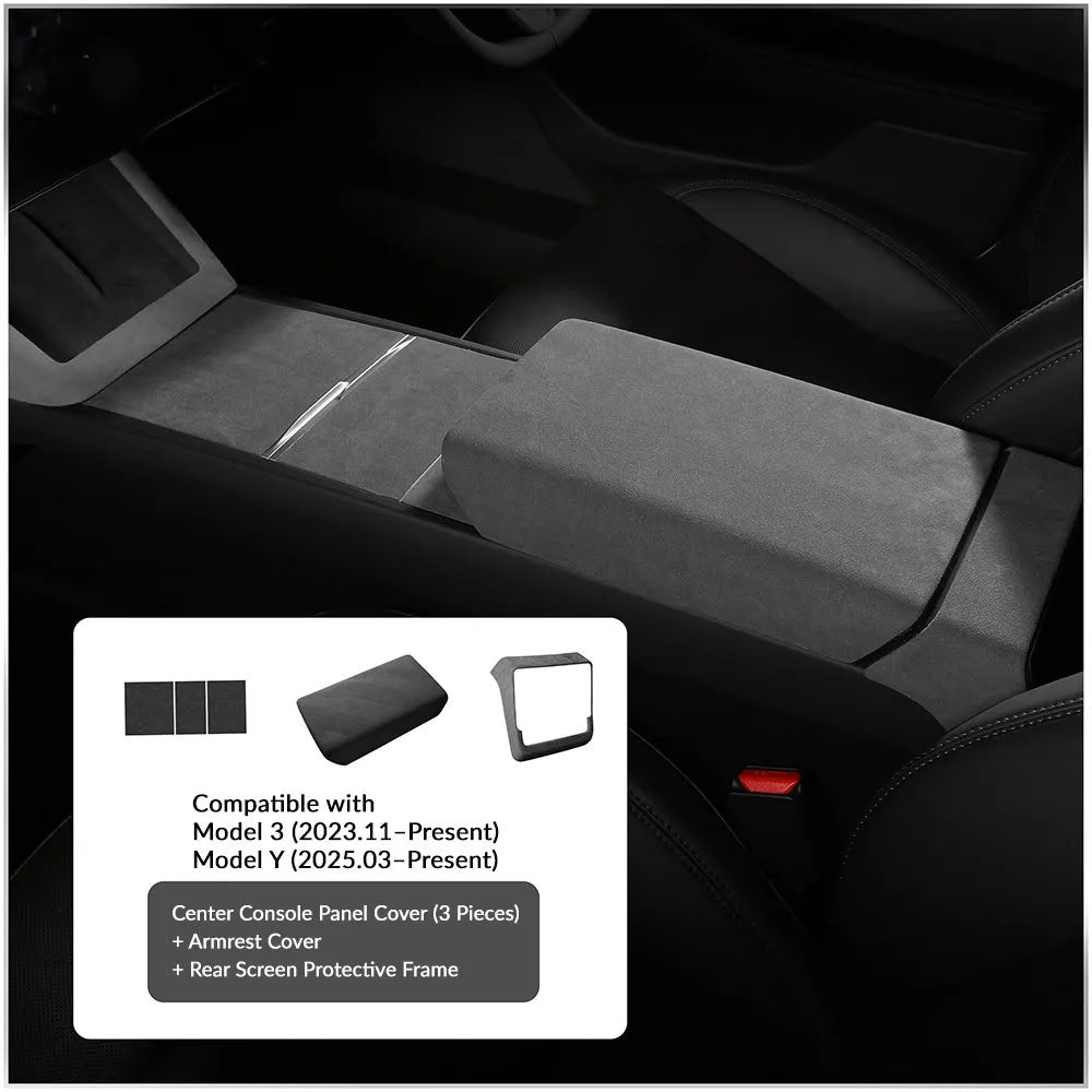 Tesla Model Y Juniper / 3 Highland Suede Armrest Cover & Interior Trim Kit (5-Piece) Black Model 3 Highland Model Y Juniper Armrest Cover + Rear Screen Protector + Center Console Cover