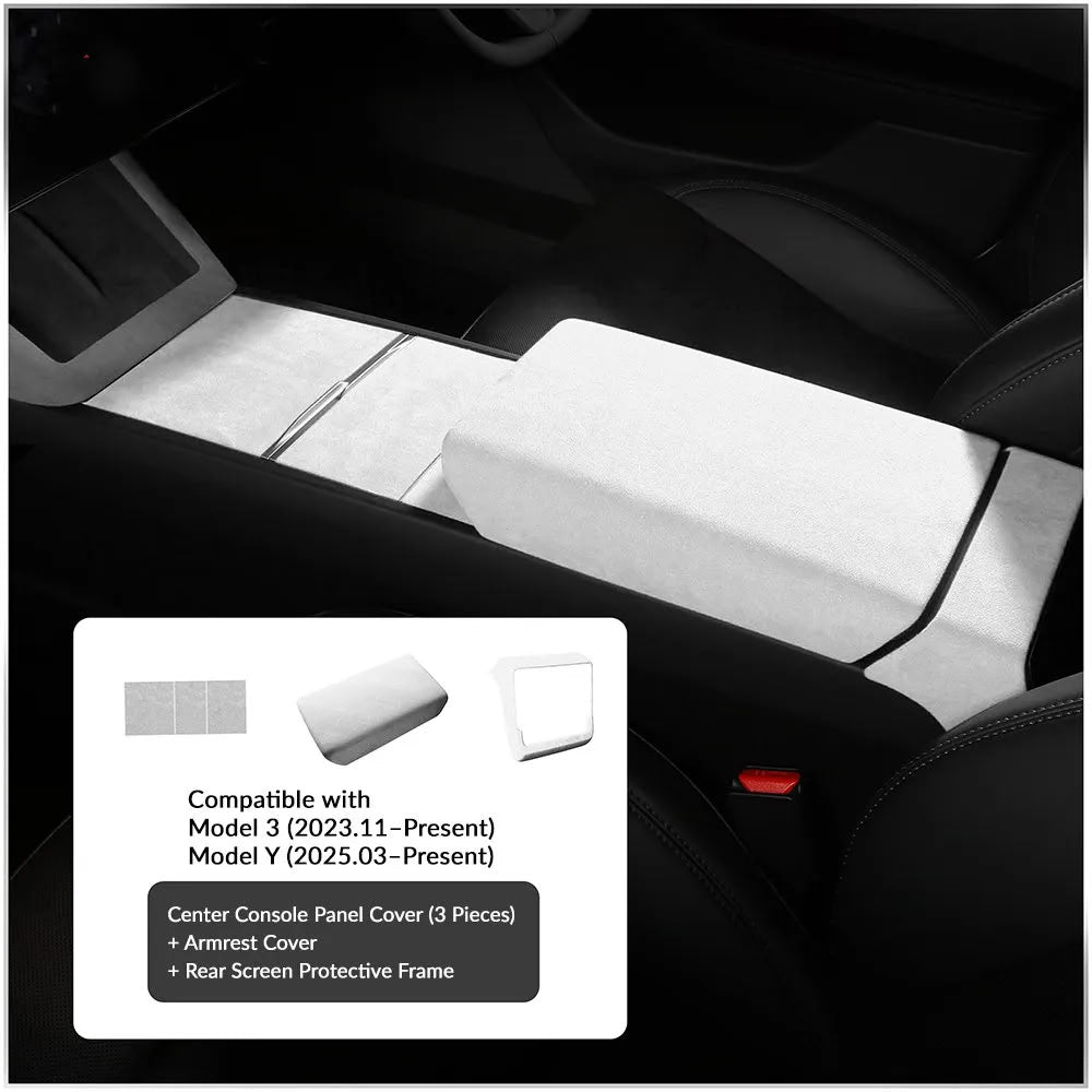 Tesla Model Y Juniper / 3 Highland Suede Armrest Cover & Interior Trim Kit (5-Piece) White Model 3 Highland Model Y Juniper Armrest Cover + Rear Screen Protector + Center Console Cover