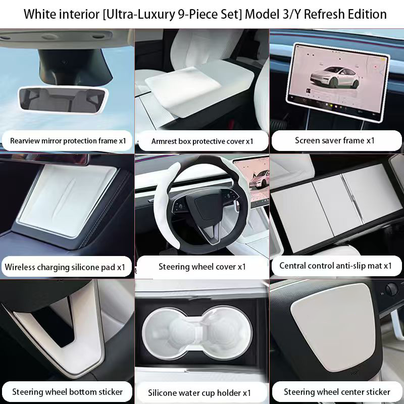 Steering Wheel Trim Cover for Tesla Model 3 Highland Model Y Juniper（Combo pack） Ultra-luxury 9-piece Set White
