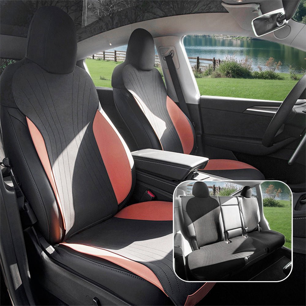 Suede Seat Covers for Tesla Model 3 & Model Y Black and Orange Standard Version