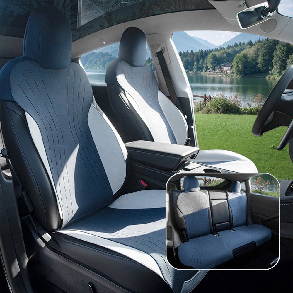 Suede Seat Covers for Tesla Model 3 & Model Y Blue and Gray Standard Version