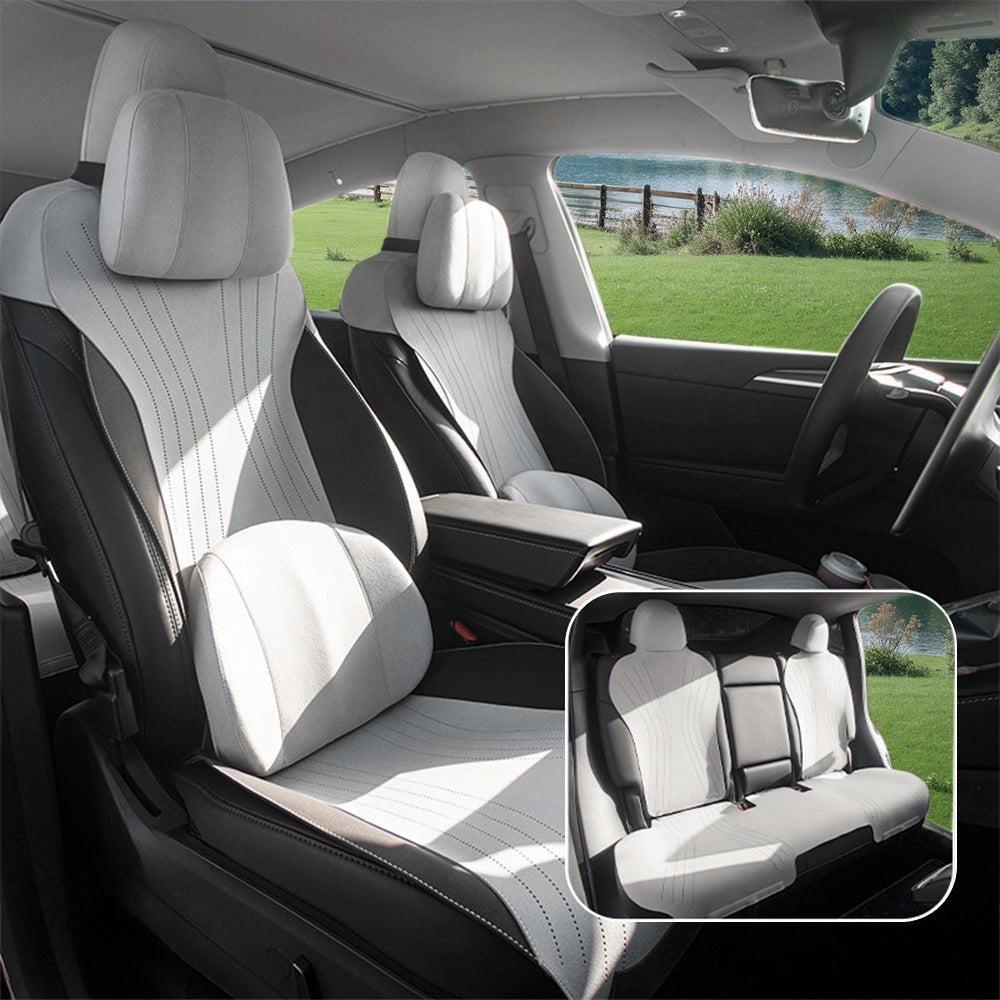 Suede Seat Covers for Tesla Model 3 & Model Y Light Gray Deluxe Version