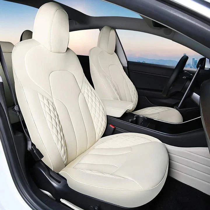 Leather Seat Covers for Model 3 & Model Y Model Y (2020-2024) Off White (Checkered)