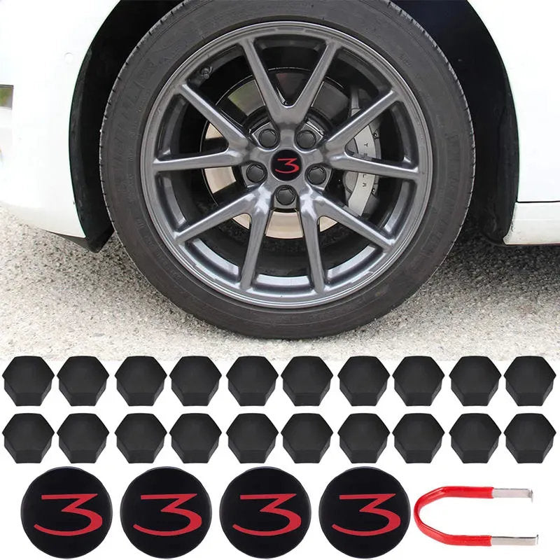 Tesla Model 3 Center Cap Kit (2017-Present) - Aero Wheel Cover Set w/ 3D Logo, Lug Nut Covers & Removal Tool