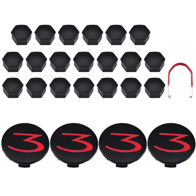 Tesla Model 3 Center Cap Kit (2017-Present) - Aero Wheel Cover Set w/ 3D Logo, Lug Nut Covers & Removal Tool Black and Red Model 3 (2017-2024)