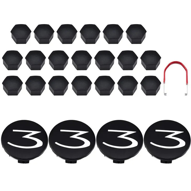 Tesla Model 3 Center Cap Kit (2017-Present) - Aero Wheel Cover Set w/ 3D Logo, Lug Nut Covers & Removal Tool Black and White Model 3 (2017-2024)