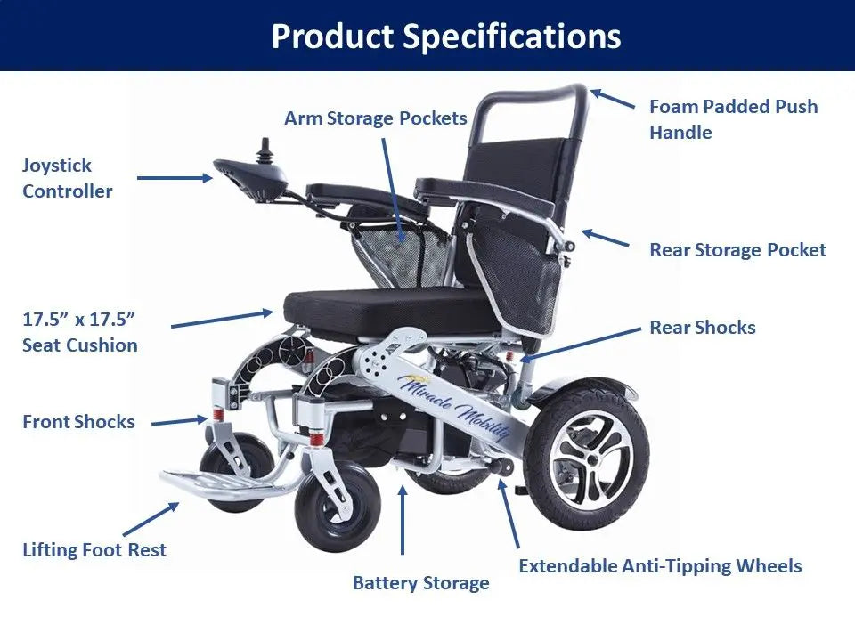 The Miracle Mobility Platinum 800 Portable Powerchair is a foldable electric wheelchair featuring a joystick controller, arm and rear storage pockets, foam padded push handle, front and rear shocks, lifting footrest, battery storage, and anti-tipping wheels.