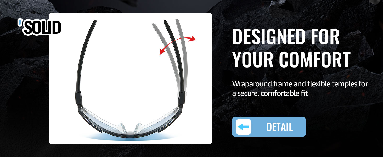 Sunglasses feature a wraparound frame and flexible temples to ensure a safe and comfortable fit