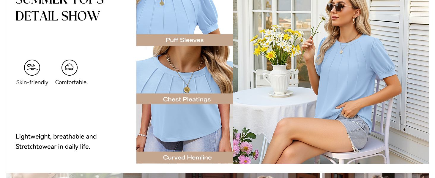 Puff Sleeves Chest Pleatings Curved Hemline Comfortable and breathable to wear in daily life.