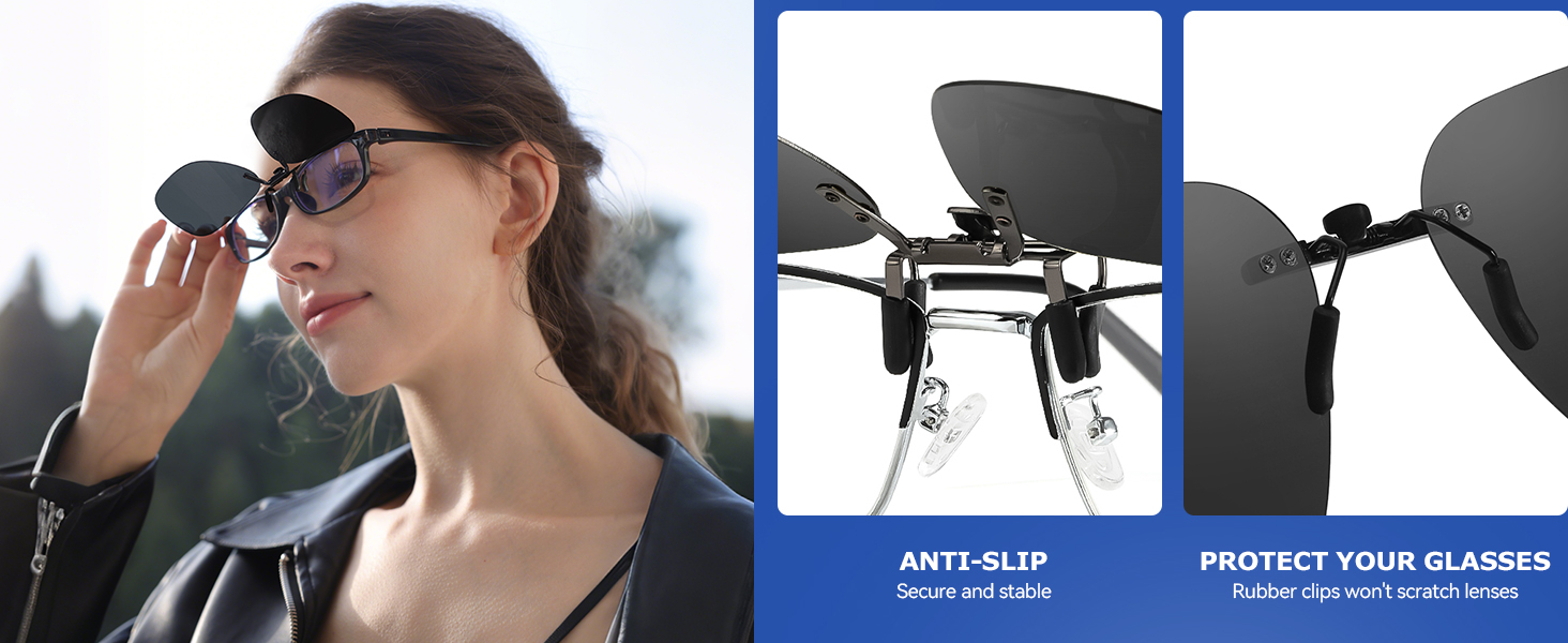 classic clip on sunglasses, rubber clips for anti-slip design