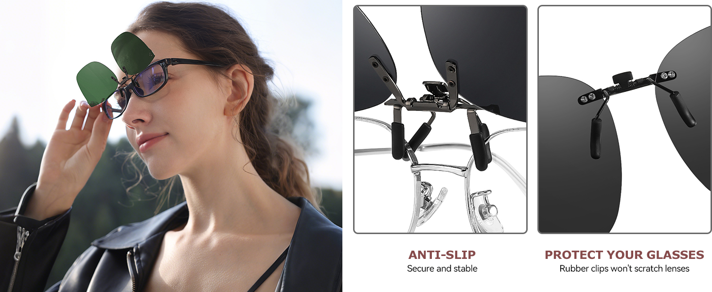 classic clip on sunglasses, rubber clips for anti-slip design