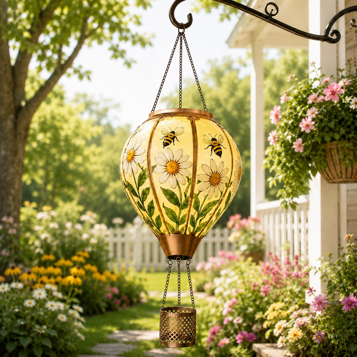 Bee and daisy hot air balloon solar lantern hanging beside a sunny garden porch