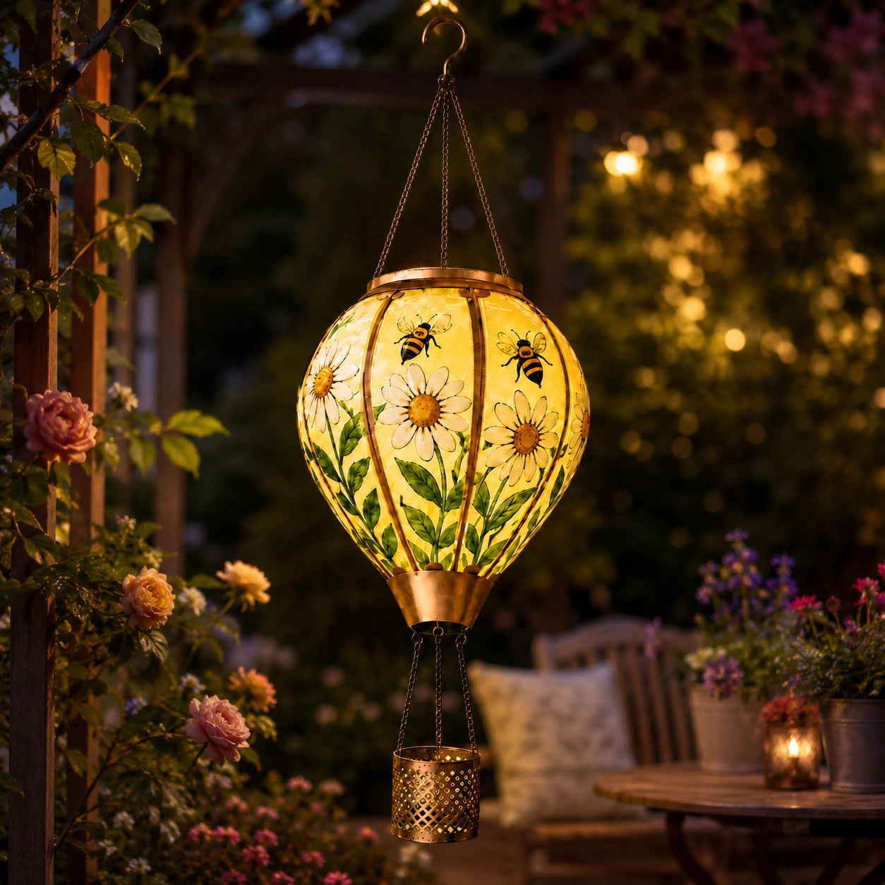 Bee and daisy hot air balloon solar lantern glowing beside an outdoor patio at night