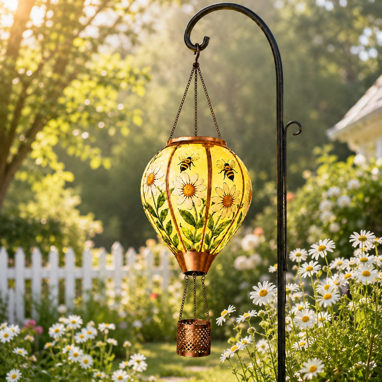 Bee and daisy hot air balloon solar lantern hanging from a shepherd hook among garden flowers