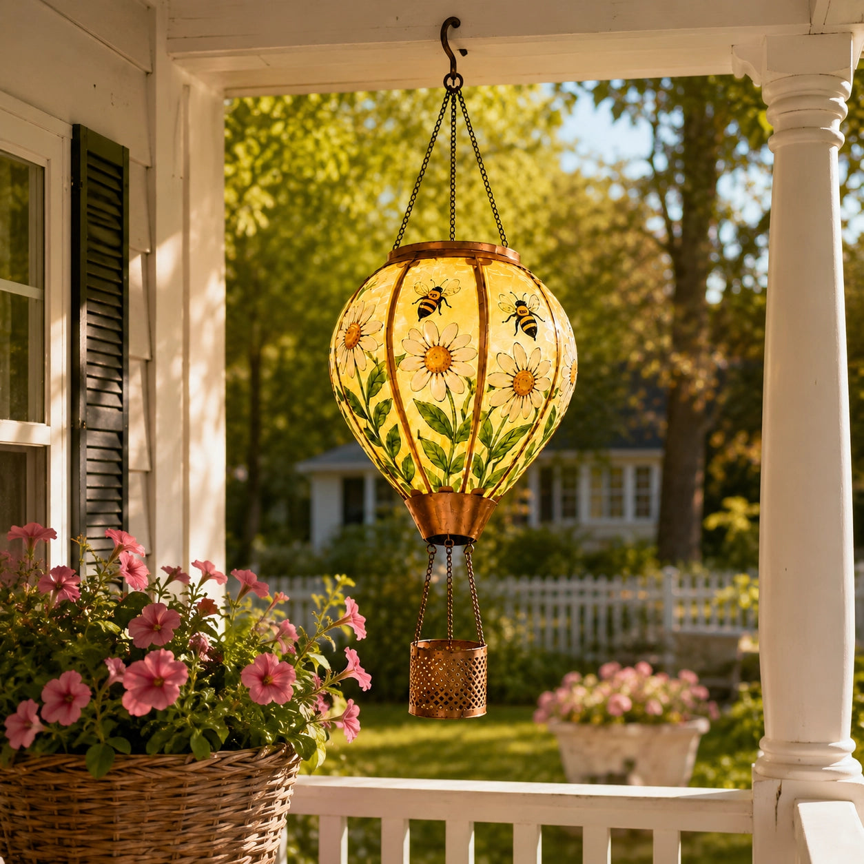 Bee and daisy hot air balloon solar lantern displayed on a covered porch with flowering plants