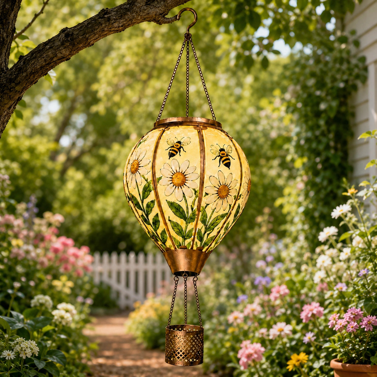 Bee and daisy hot air balloon solar lantern hanging above a colorful flower garden path