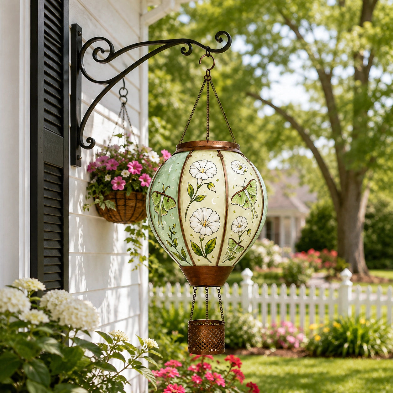 Butterfly glass solar lantern hanging on a porch with floral garden background