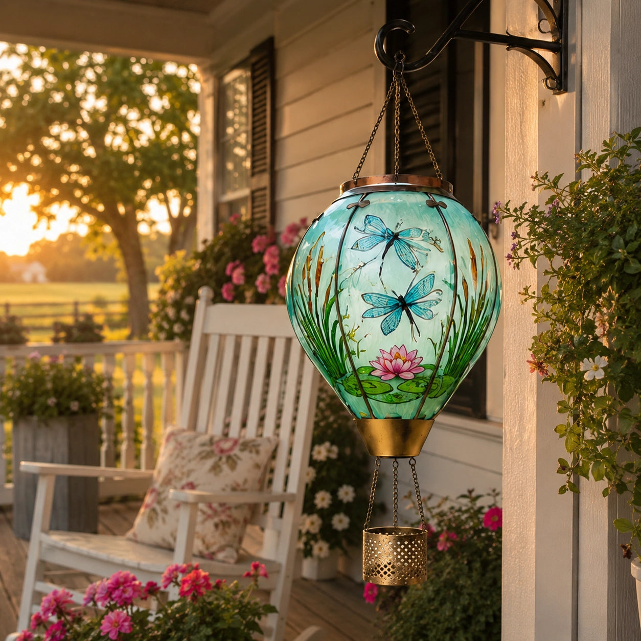Dragonfly and lotus hot air balloon solar lantern hanging on a porch during sunset