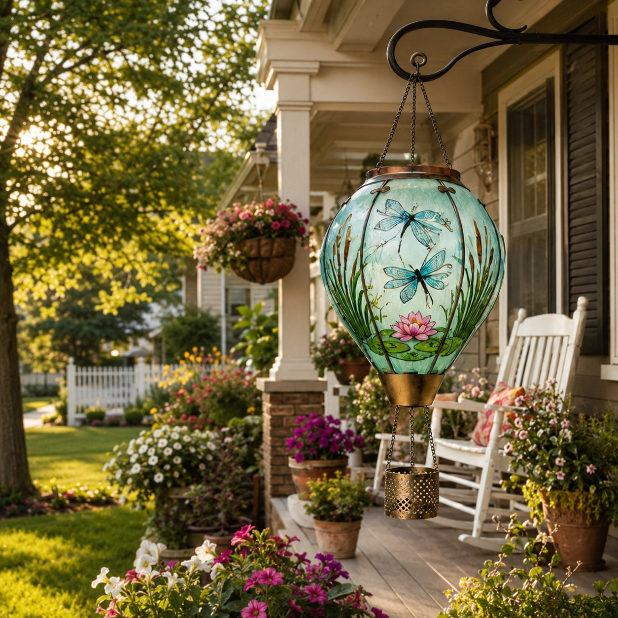 Dragonfly and lotus hot air balloon solar lantern displayed on a covered porch with flowers