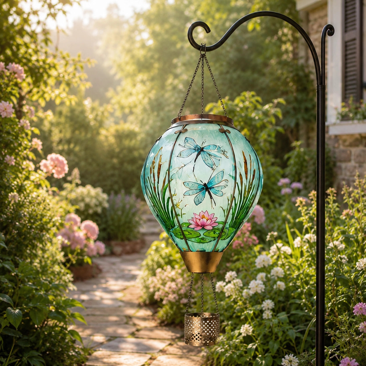 Dragonfly and lotus hot air balloon solar lantern hanging among flowers beside a garden pathway