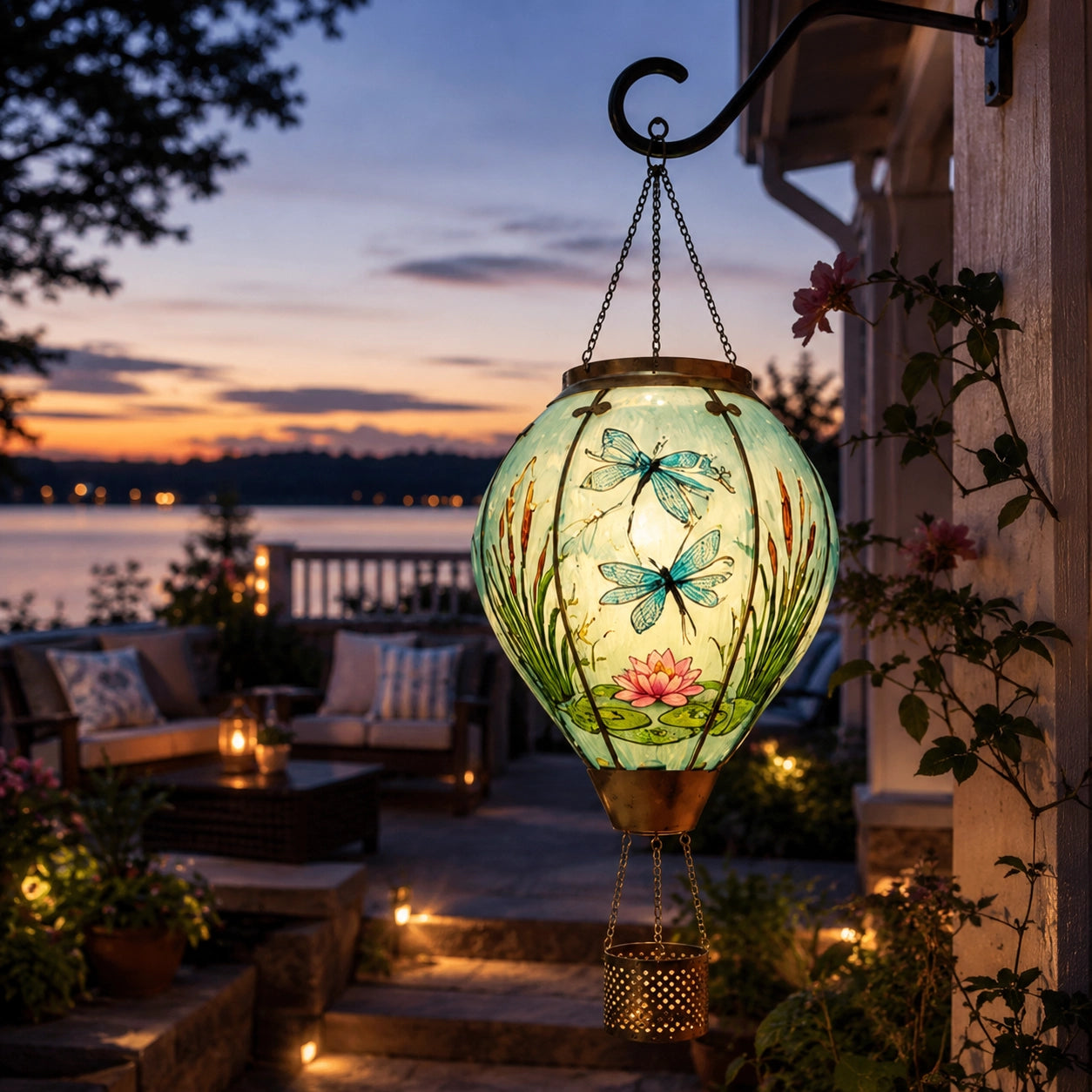 Dragonfly and lotus hot air balloon solar lantern glowing beside a lakeside patio at night