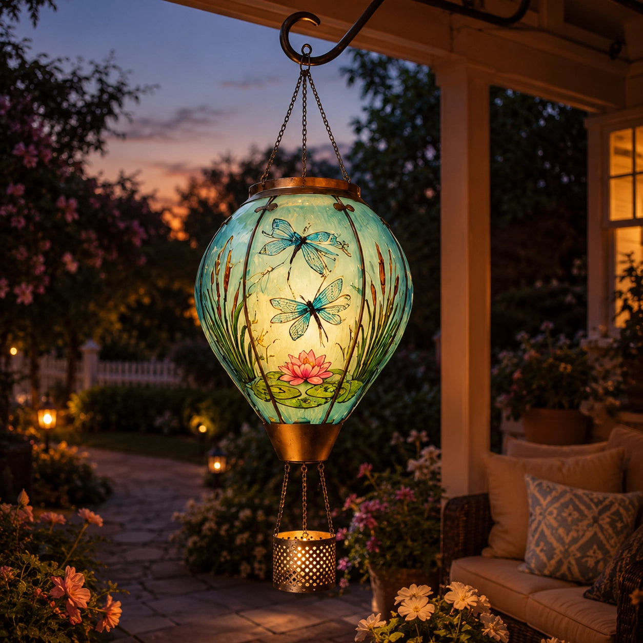 Dragonfly and lotus hot air balloon solar lantern glowing on a garden porch at dusk