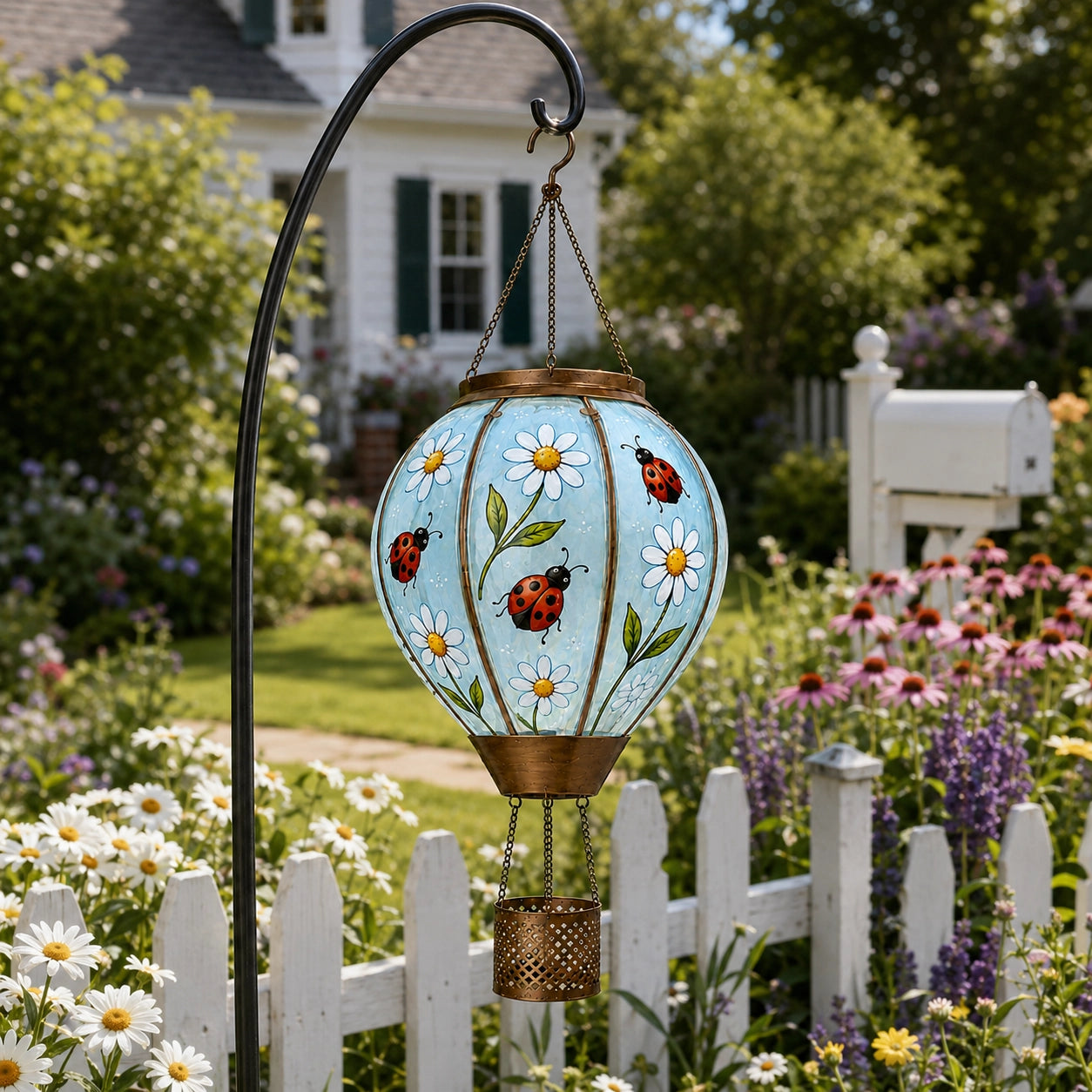 Ladybug hot air balloon solar lantern in backyard garden landscape