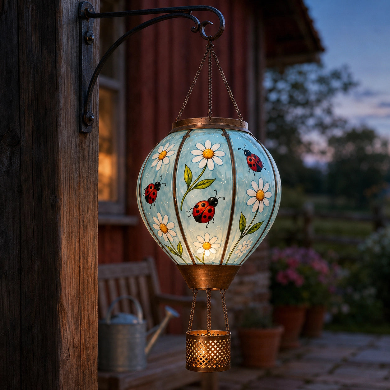 Glowing ladybug hot air balloon solar lantern creating warm outdoor light at night