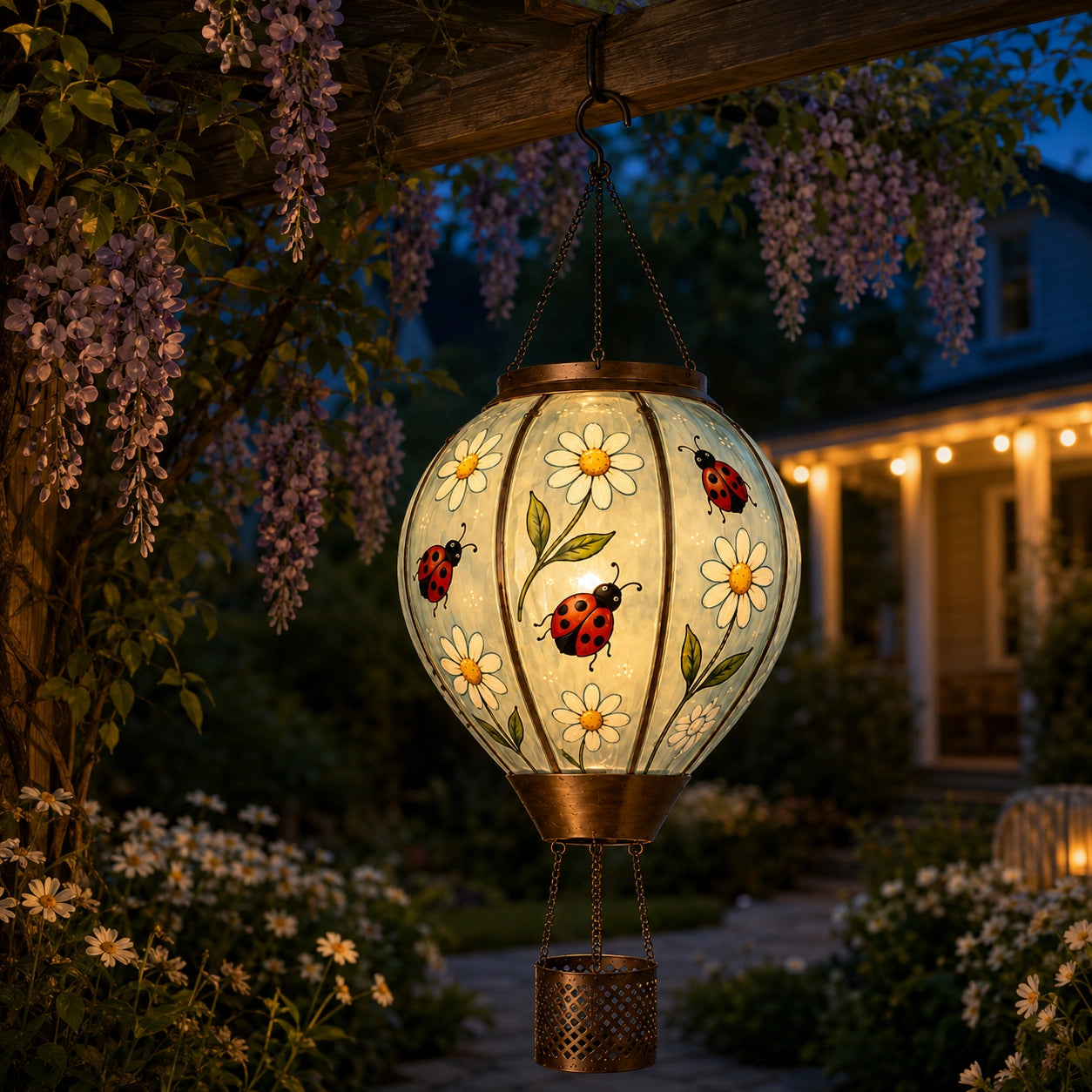 Warm glowing ladybug solar lantern for outdoor garden and patio decor