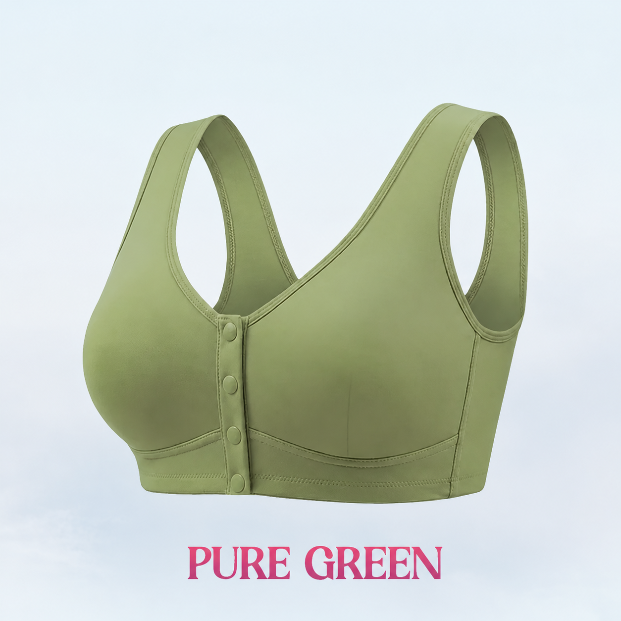 Pure Green front-snap bra with plain cups and broad straps