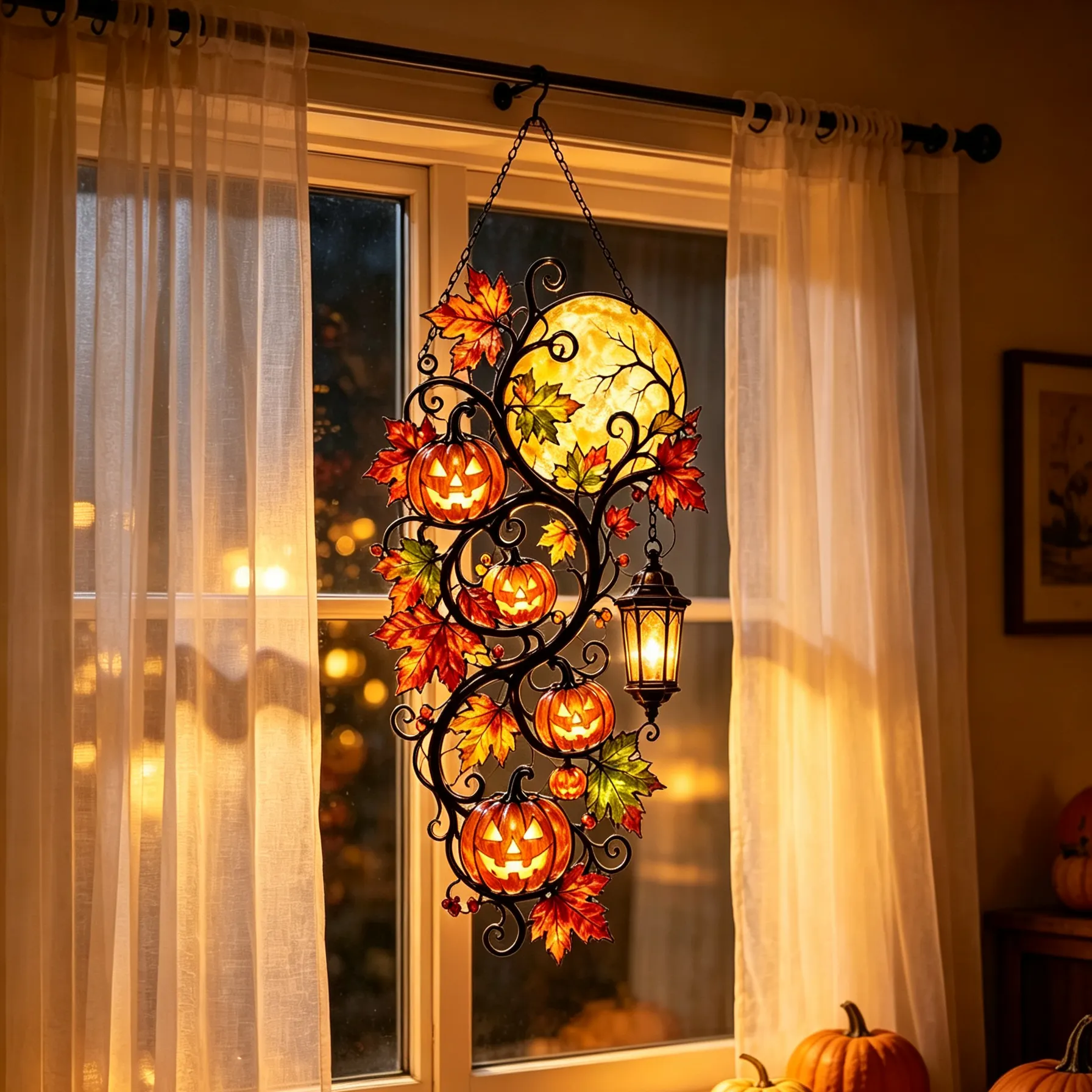 Halloween hanging shown in a window display with pumpkin moon and autumn leaf details