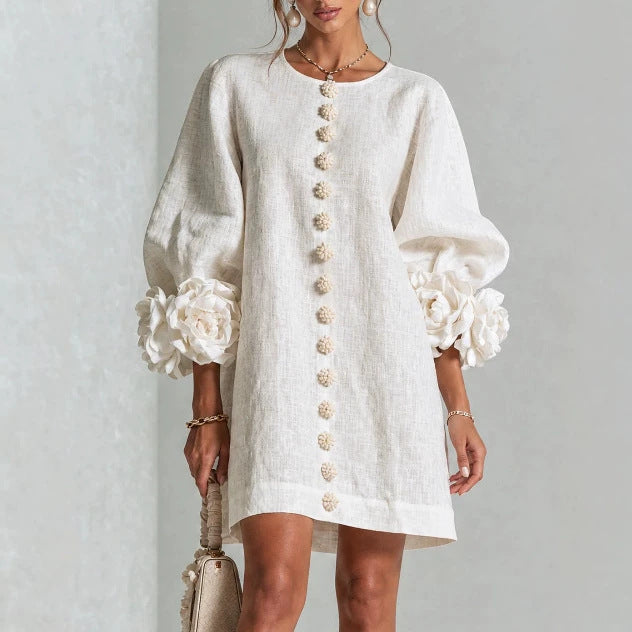 🤲LAST DAY SAVE 49% ⏰3D Floral Cuff Midi Dress – Relaxed A-Line Button Front
