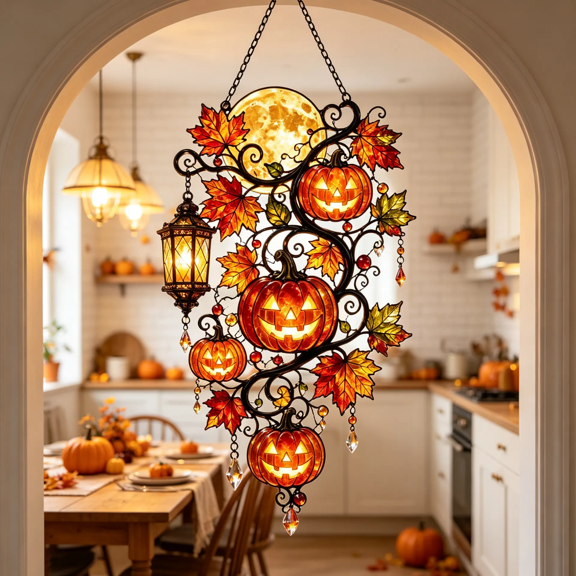 Halloween pumpkin moon hanging used as a seasonal kitchen window accent