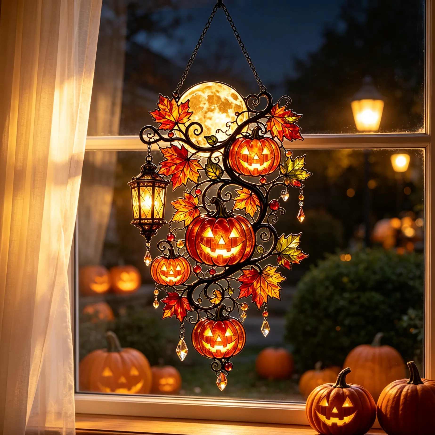 Close view of the pumpkin moon leaf and lantern details on the window hanging