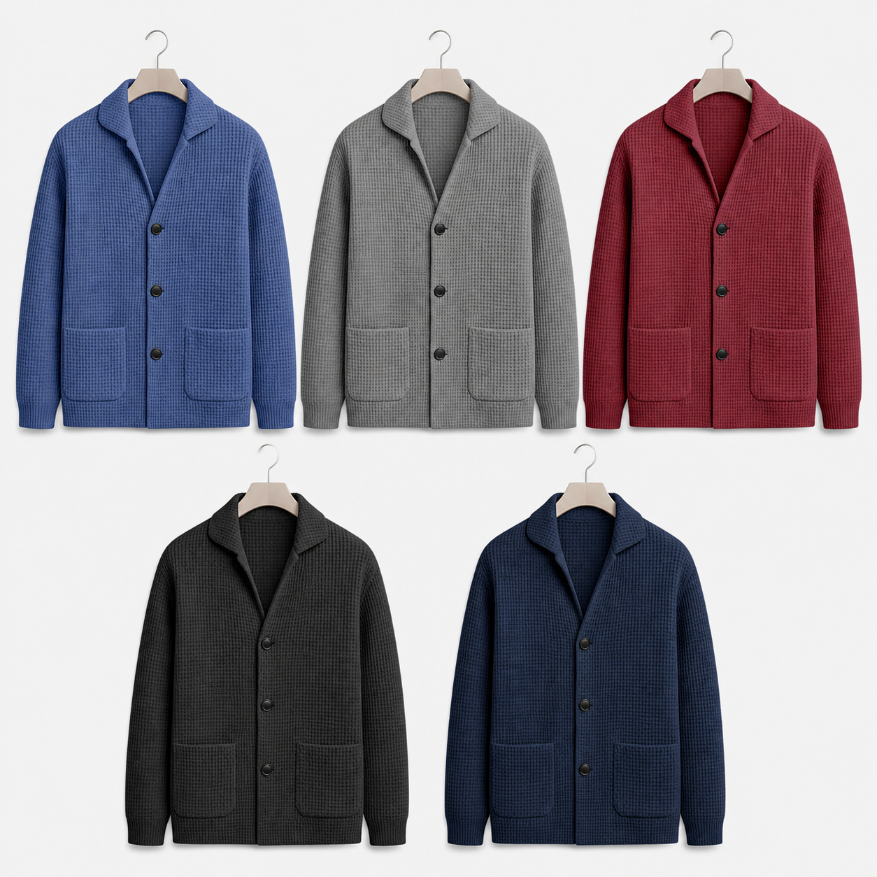 Separate Blue, Gray, Red, Black, and Navy cardigan color choices