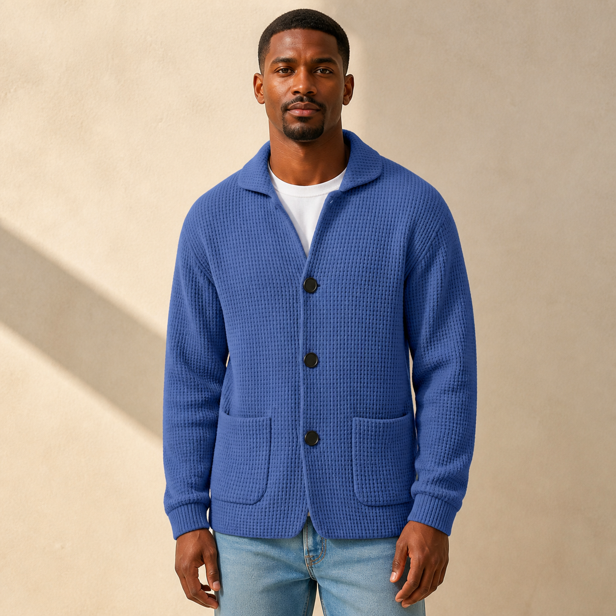 Adult male wearing the Blue men's textured waffle knit cardigan jacket from the front