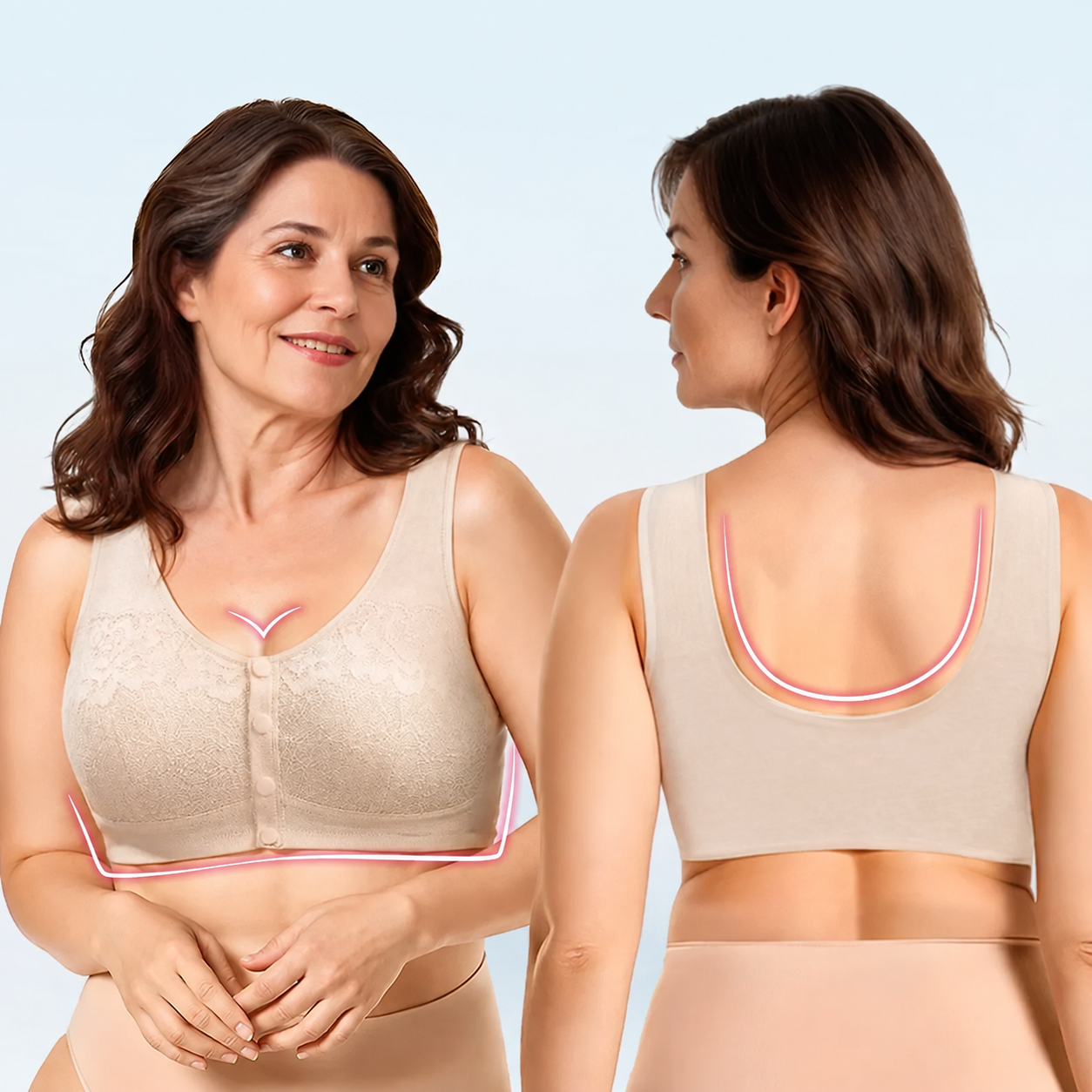 Beige lace bra front and back construction views