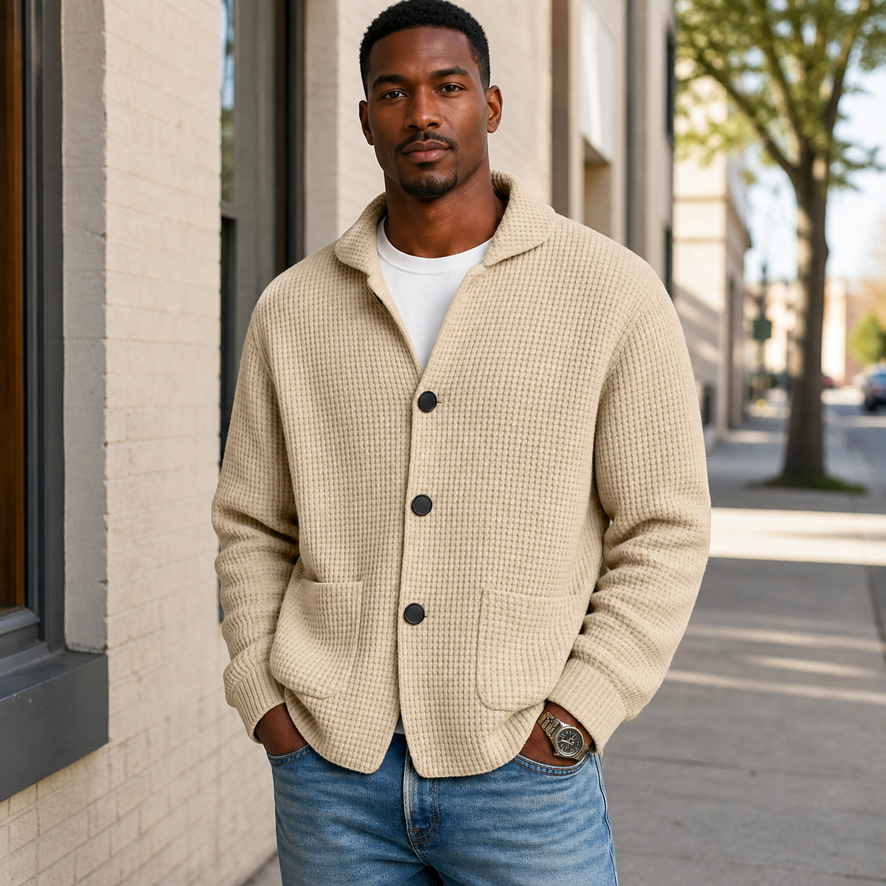 Adult male wearing the Khaki textured waffle knit cardigan for everyday layering