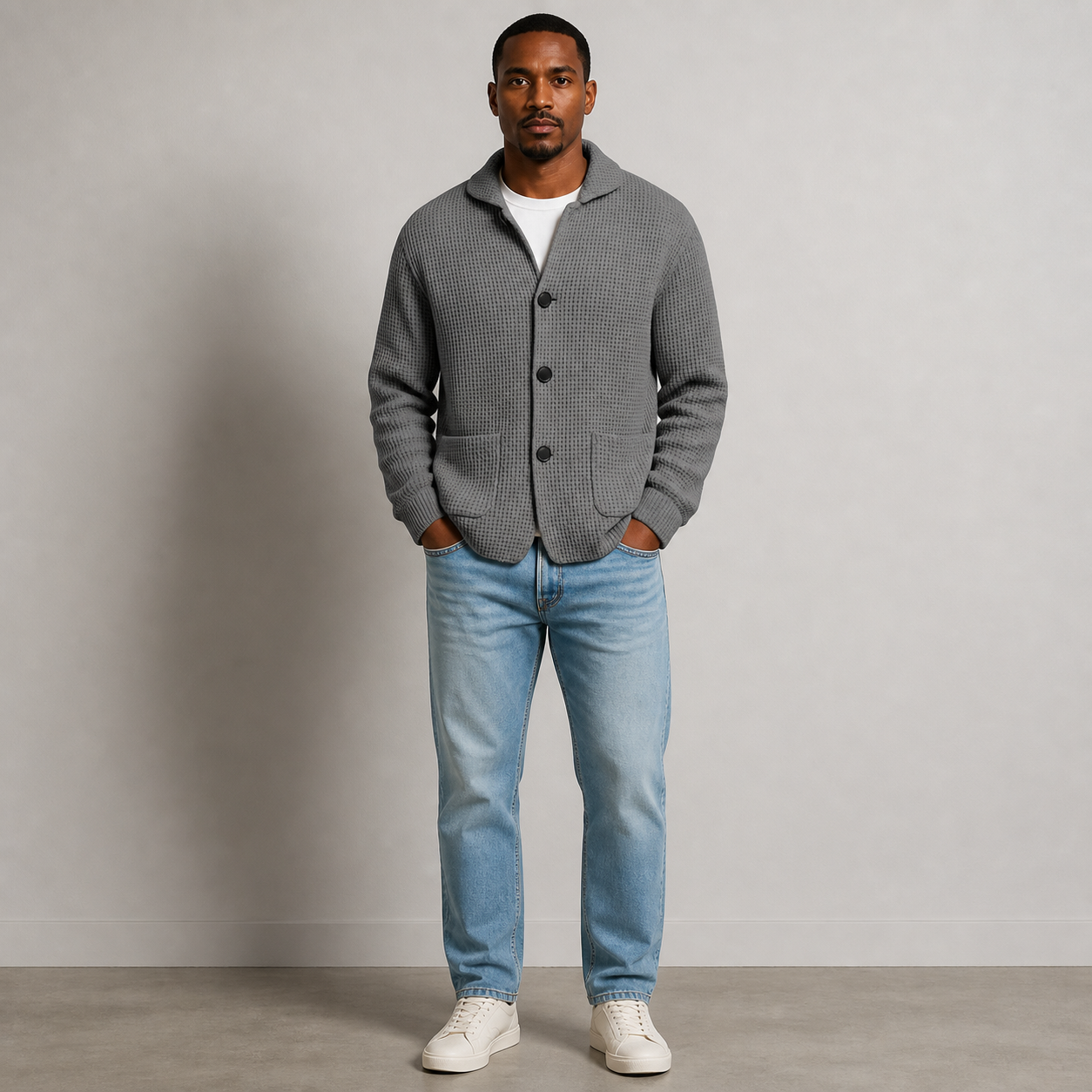Full front view of the Gray men's textured waffle knit cardigan jacket