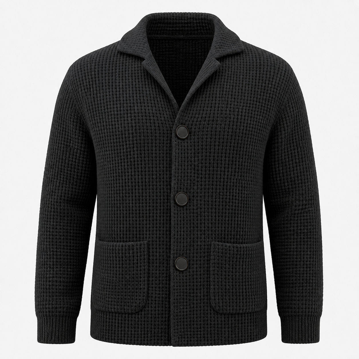Front structure view of the Black men's textured waffle knit cardigan jacket