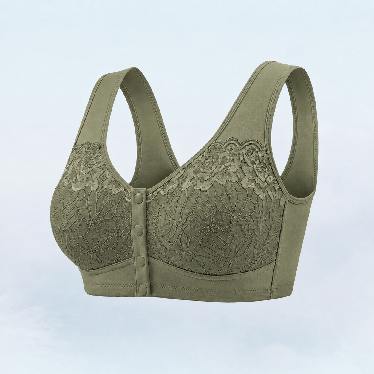 Green floral lace front-closure bra with four snaps and wide straps