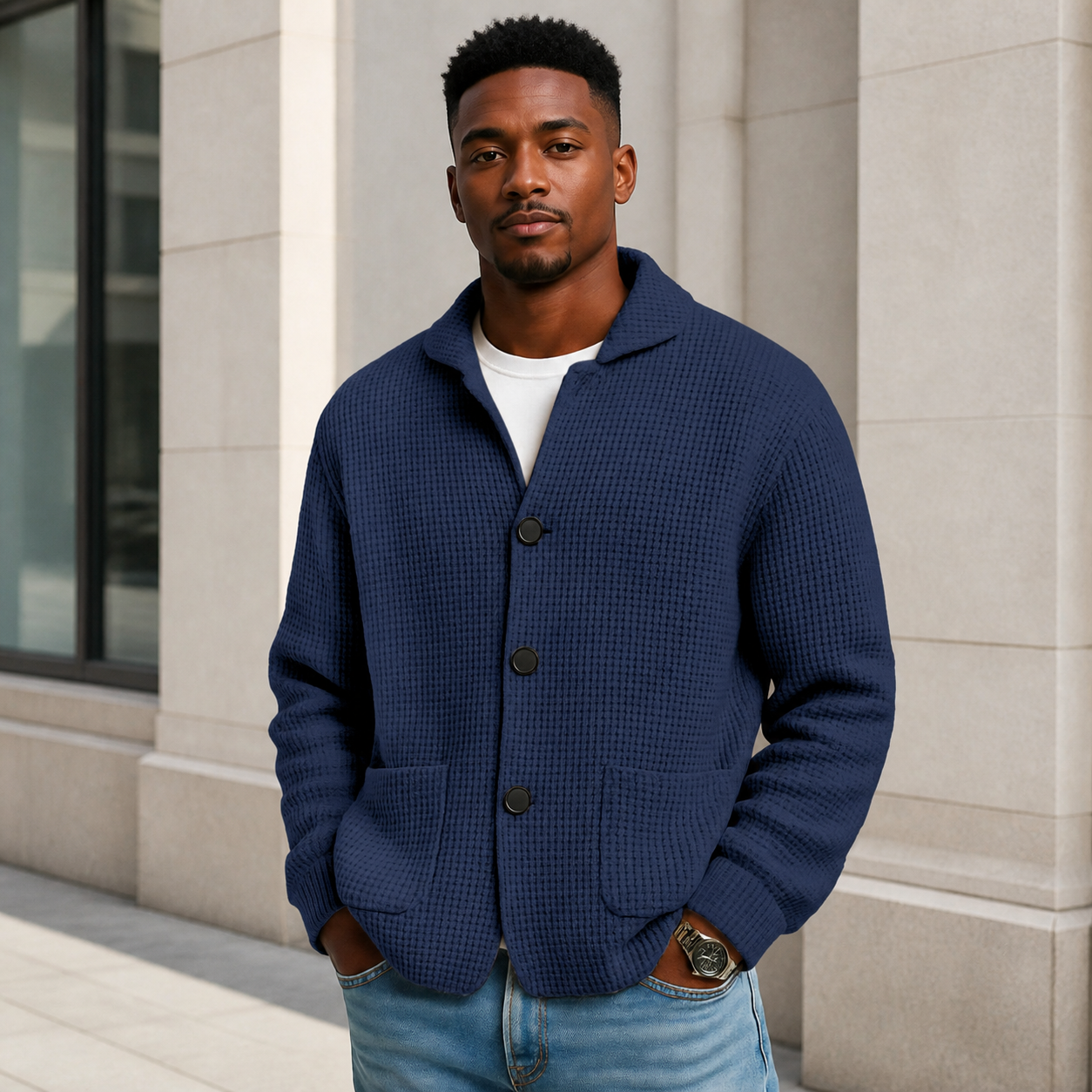 Adult male wearing the Navy men's textured waffle knit cardigan jacket from the front