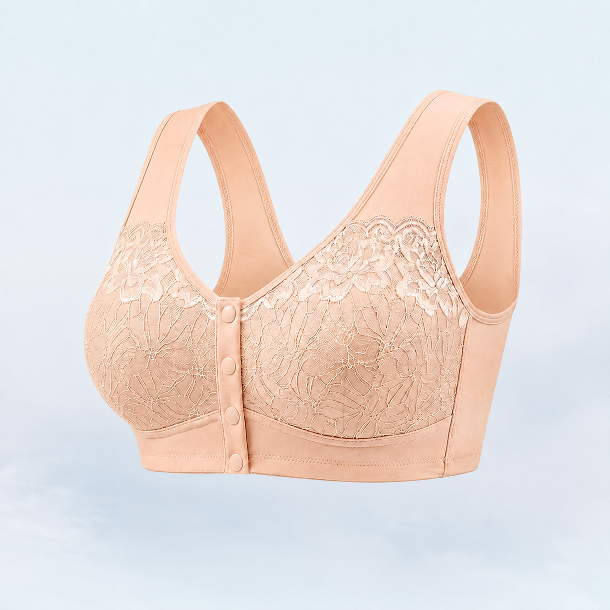 Nude floral lace front-closure bra with four snaps and wide straps