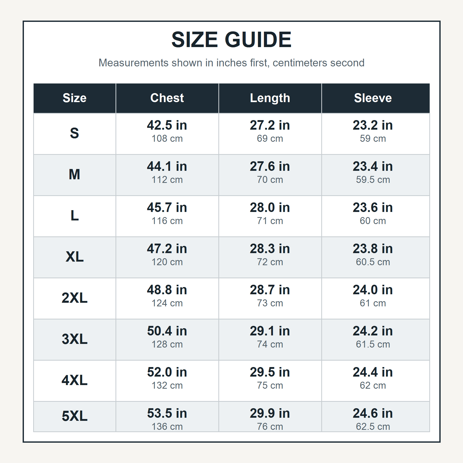 Size guide for S through 5XL with Chest, Length, and Sleeve measurements in inches first and centimeters second