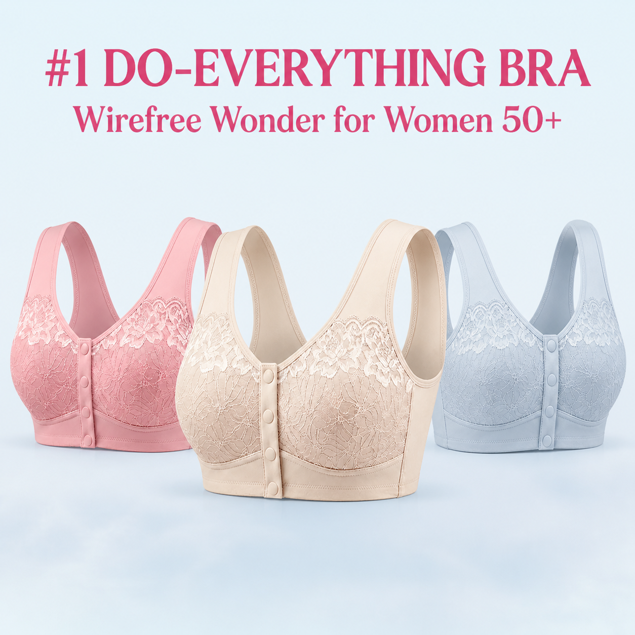 Three-color front-closure bra collection for women over 50