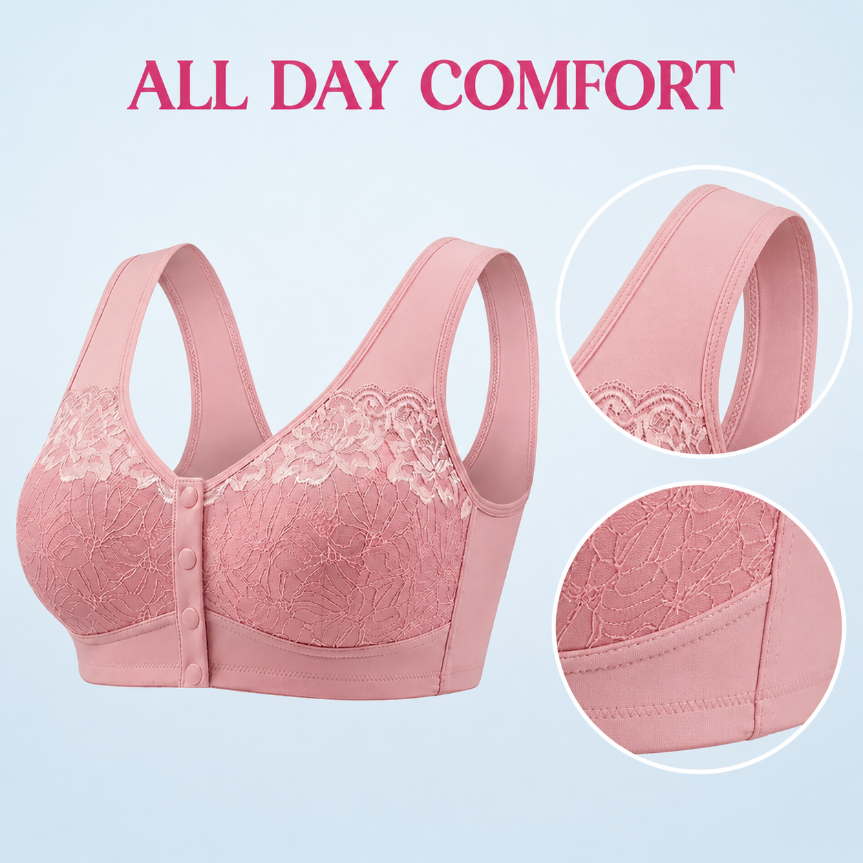 Pink lace bra with broad strap and underband close-ups