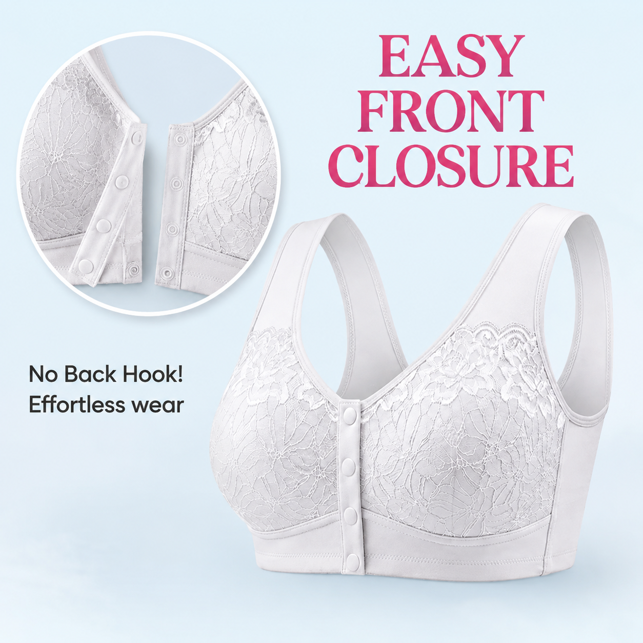 White lace bra front snap closure detail