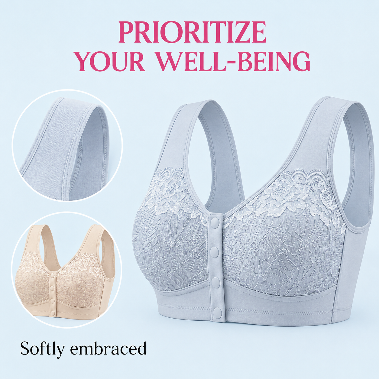 Light blue and beige lace bra coverage construction